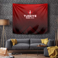 Red Turkey Euro 2024 tapestry with central trophy emblem and dark geometric motif
