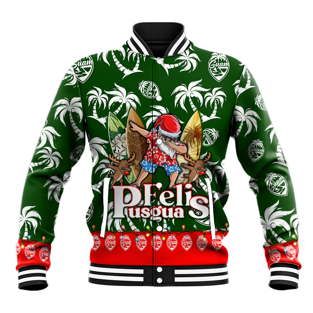 Green unisex baseball jacket with tropical palm print, varsity collar, red cuffs and hem