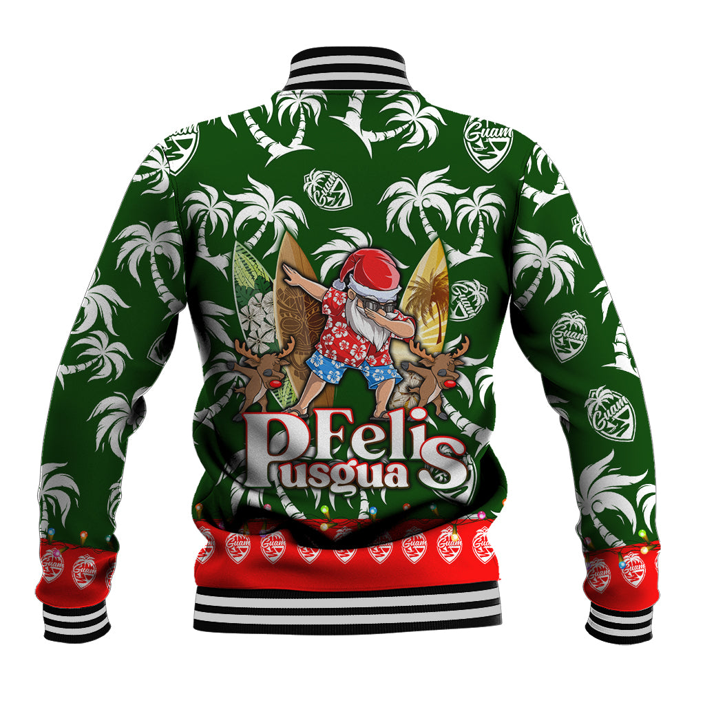 Green unisex baseball jacket with tropical palm print, varsity collar, red hem and cuffs