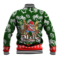 Green unisex baseball jacket with tropical palm print, varsity collar, red hem and cuffs