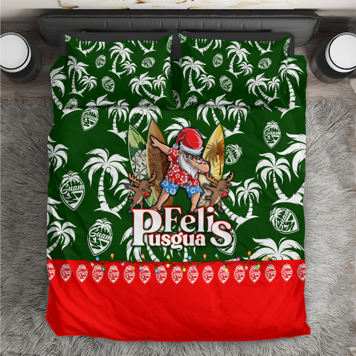 Green tropical Christmas bedding set with palm leaf pattern, reindeer, and red hem