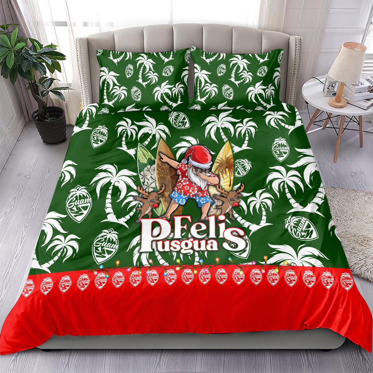 Green tropical duvet set with palm leaf prints, central character art, and red skirt