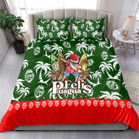 Green tropical duvet set with palm leaf prints, central character art, and red skirt