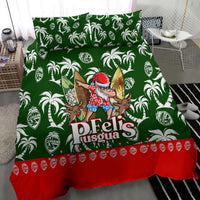 Green tropical bedding set with palm pattern, holiday character graphic, and red lower panel