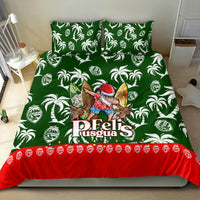 Green tropical Christmas bedding set with palm leaves, reindeer and dancer artwork, red border