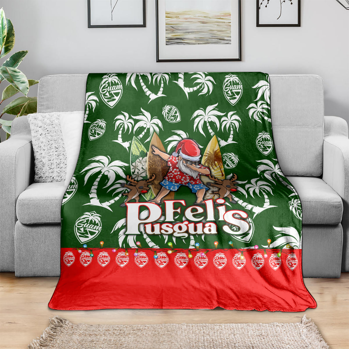 Green tropical Christmas throw blanket with Santa character, palm leaves, and red patterned border