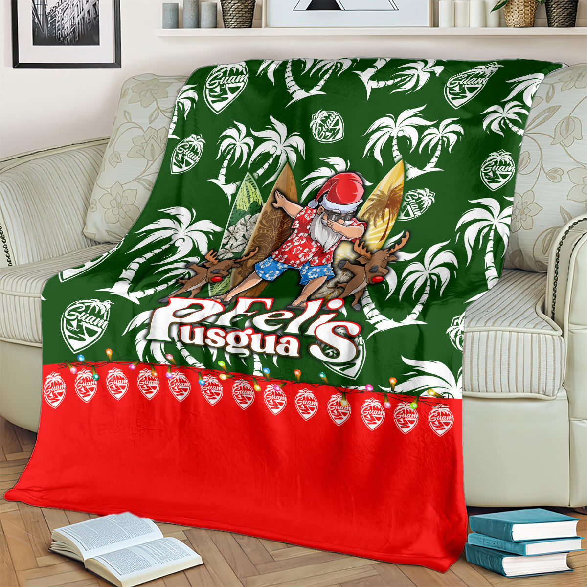 Green tropical Christmas blanket featuring Santa character, white palm leaves, and red hem with ornaments