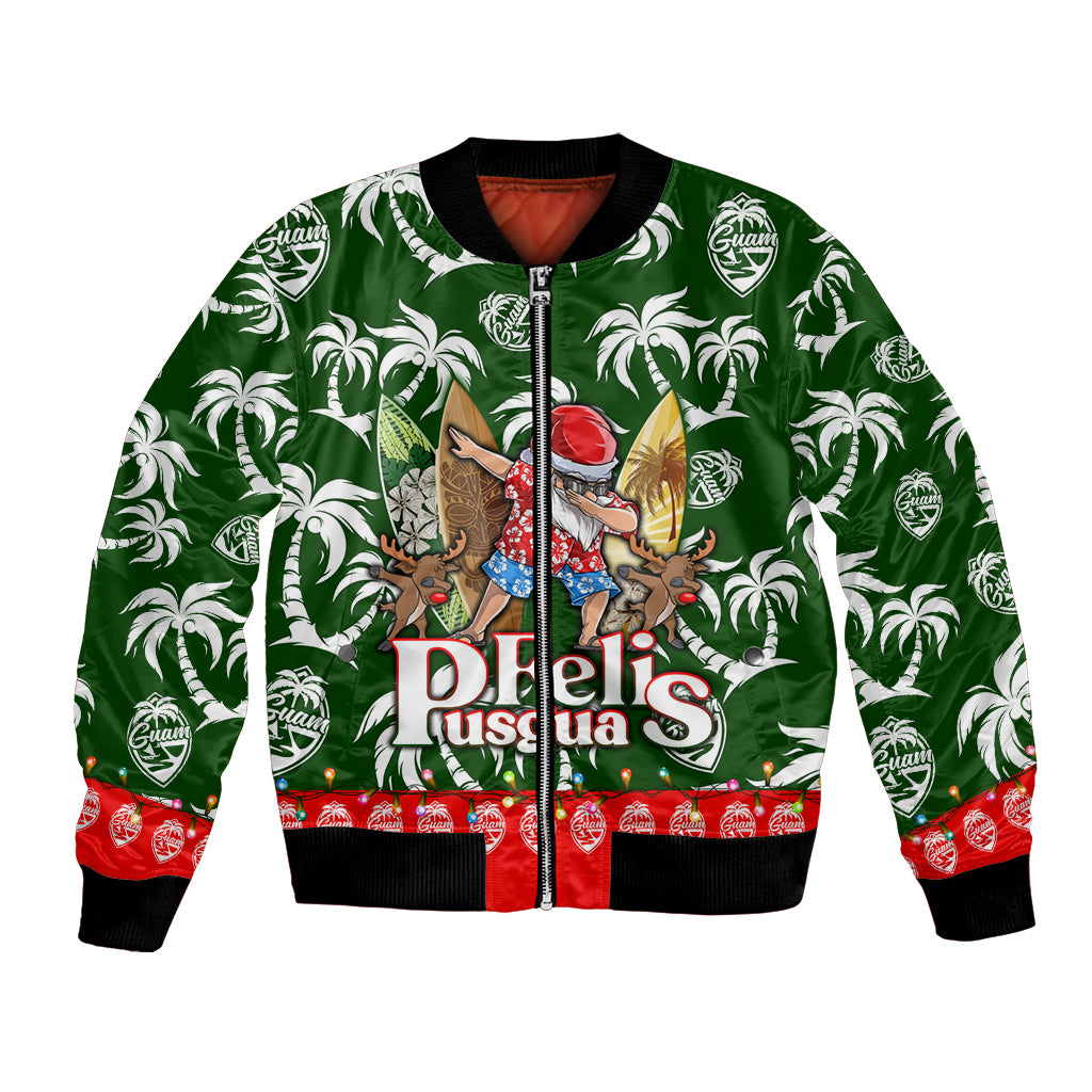 Green tropical bomber jacket with palm print, central cartoon graphic, red cuffs