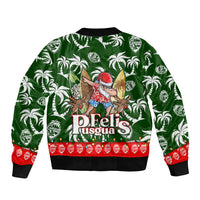 Green tropical bomber jacket with palm print, Deeli Pusgua front graphic, red hem