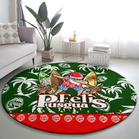 Green round rug with tropical swirls and Felis Pusgua cat scene, red border