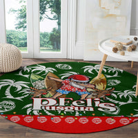 Green round rug with Felis Pusgua cat artwork, red trim, tropical leaf background