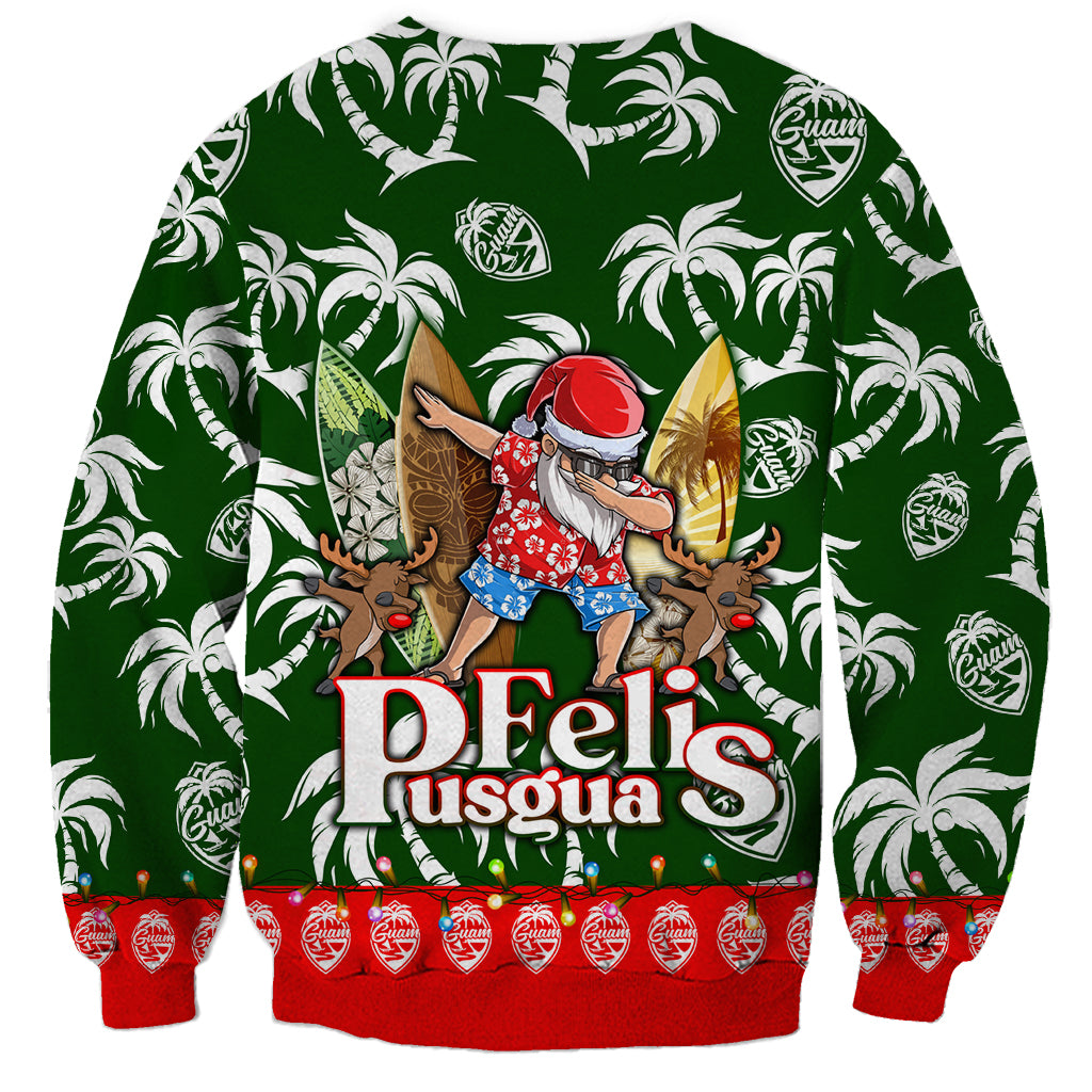 Green sweatshirt with tropical palms, red holly band hem, and Felis Iusgua graphic