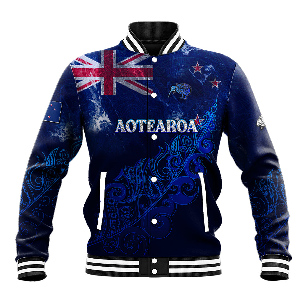 Blue personalized baseball jacket with AOTEAROA front graphic and varsity striped collar