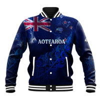 Blue personalized baseball jacket with AOTEAROA front graphic and varsity striped collar