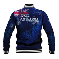 Blue personalized baseball jacket back graphic with I love AOTEAROA text and striped collar