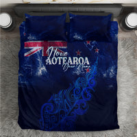 Personalised blue bedding set with Love Aotearoa text, UK flag and fern motif