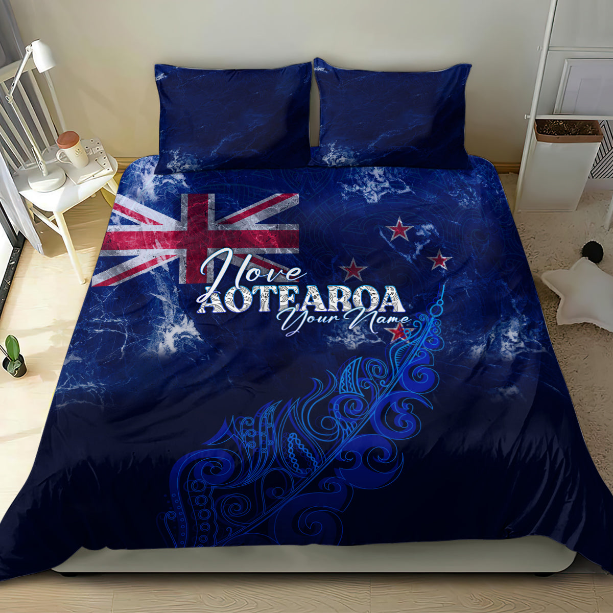 Personalised blue bedding set with Love Aotearoa design, UK flag and fern on duvet