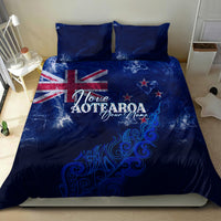 Personalised blue bedding set with Love Aotearoa design, UK flag and fern on duvet