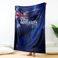 Blue personalized blanket with Aotearoa map, Union Jack accents, and silver fern design