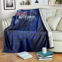 Blue personalized blanket with Aotearoa map, Union Jack corner, and fern pattern