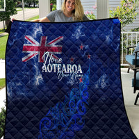 Blue quilt with New Zealand map, Union Jack, and 'Love Aotearoa' silver fern print