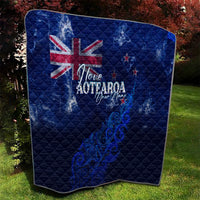 Blue quilt with Union Jack, 'Love Aotearoa' text, and swirling New Zealand map artwork