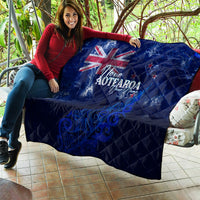 Blue quilt with Union Jack, 'Love Aotearoa,' and New Zealand map/fern graphic, quilted