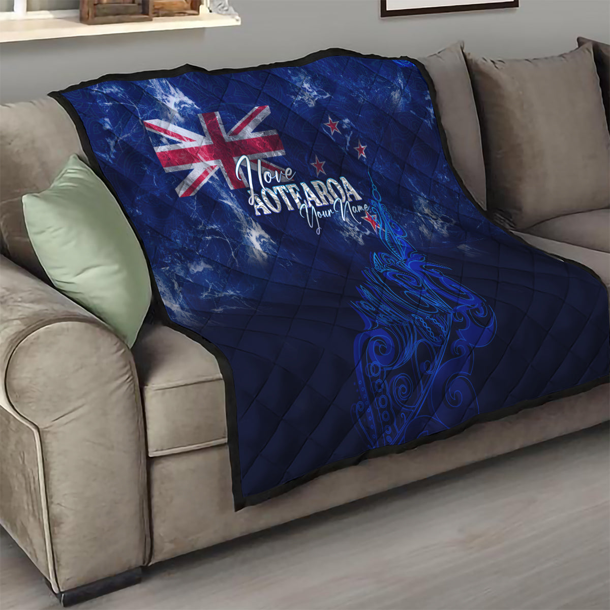 Blue quilt with Union Jack, 'Love Aotearoa' lettering, and New Zealand map fern graphic