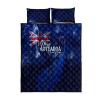Blue quilt bed set with two matching pillowcases, Aotearoa map and fern artwork