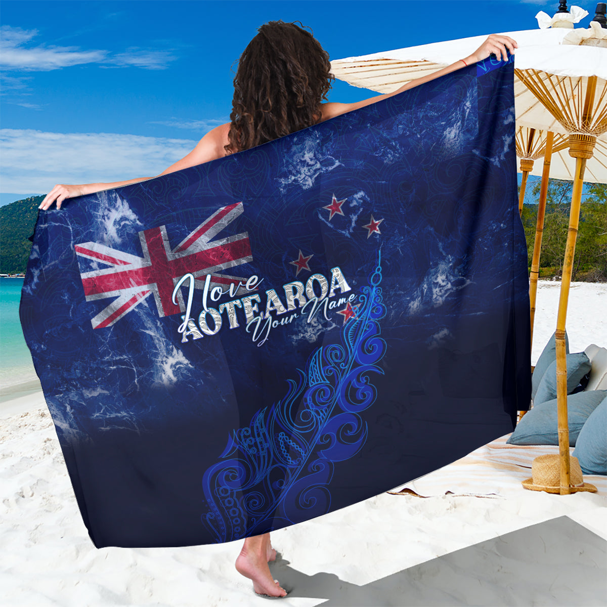 Blue Aotearoa sarong with Union Jack, silver fern and “Love Aotearoa” print