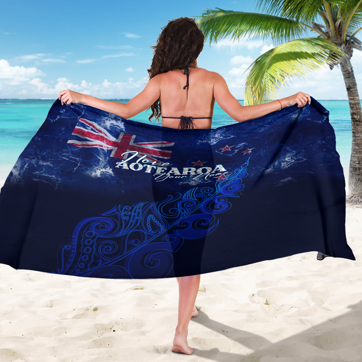 Blue Aotearoa sarong featuring Union Jack, “Love Aotearoa” text and fern graphic