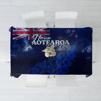 Blue New Zealand tablecloth with Aotearoa map, silver fern and “Love” text
