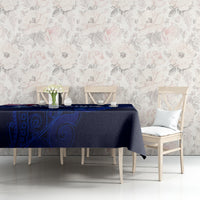 Blue New Zealand tablecloth with silver fern and Aotearoa map on dining set