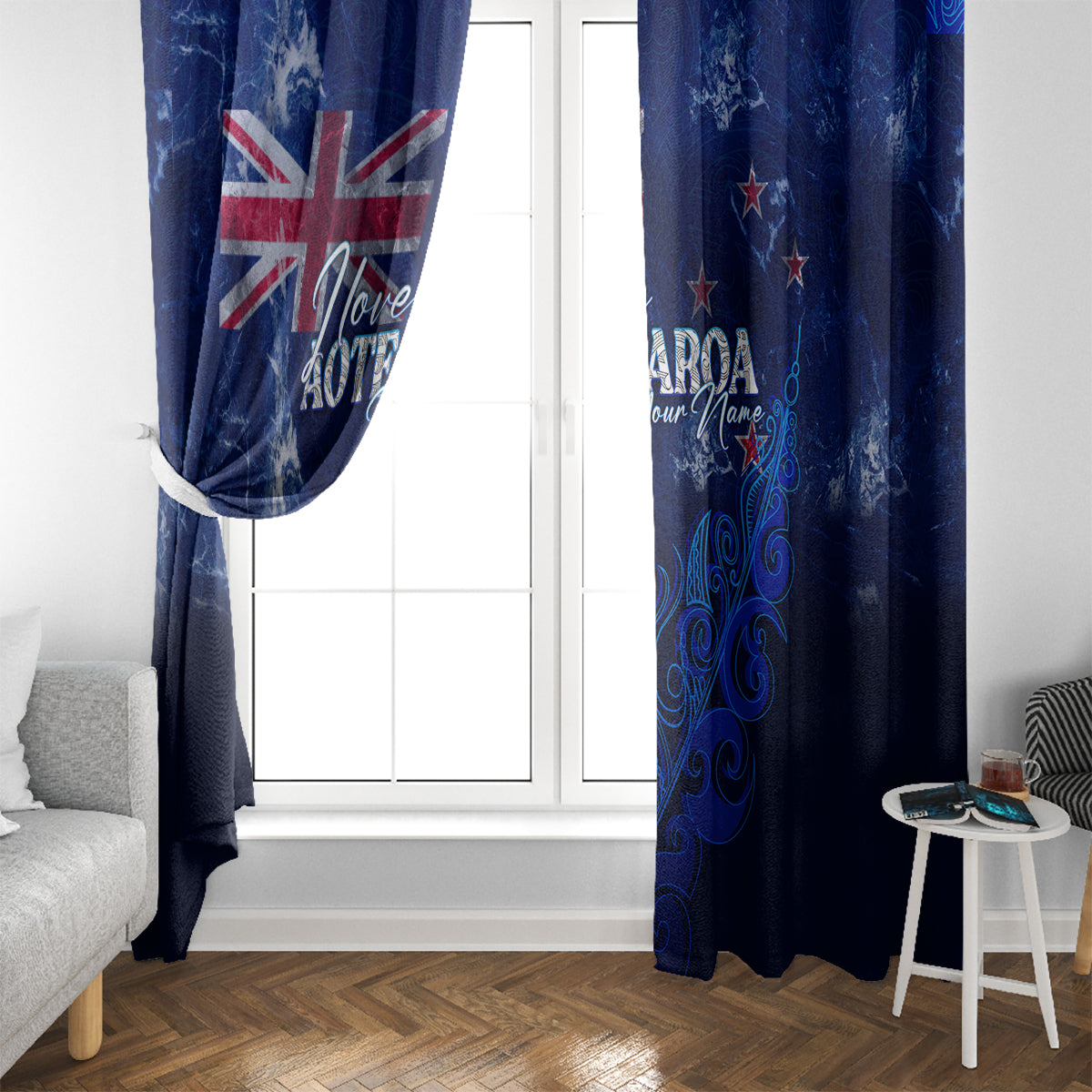 Pair of blue New Zealand window curtains with NZ map and silver fern design near window