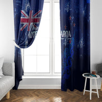 Pair of blue New Zealand window curtains with NZ map and silver fern design near window