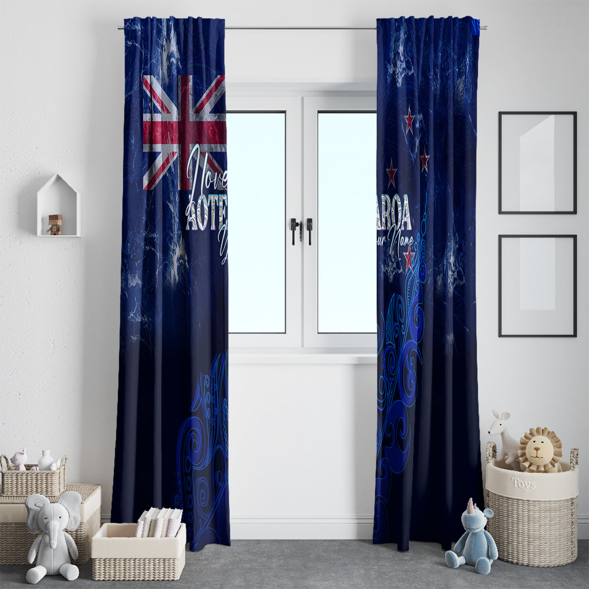 Blue New Zealand window curtains with Union Jack and silver fern map artwork
