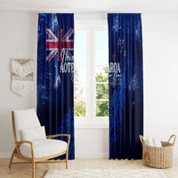 Blue window curtains with NZ map and silver fern graphic, side panels