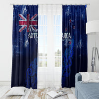 Blue New Zealand window curtain set with NZ map and silver fern, centered between sheers
