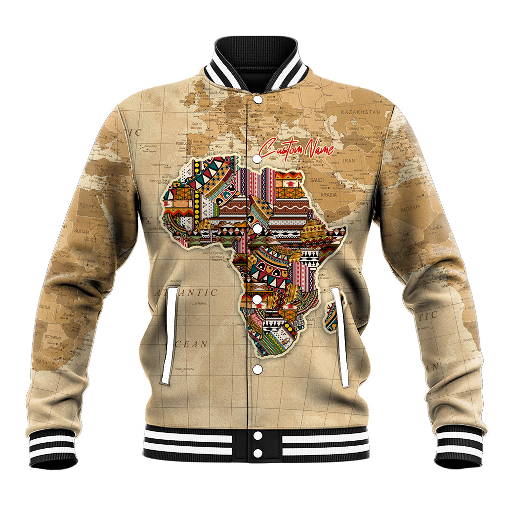 Beige baseball jacket with Africa map graphic, front zip, striped collar and cuffs