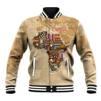 Beige baseball jacket with Africa map graphic, front zip, striped collar and cuffs