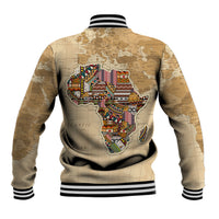 Beige baseball jacket with Africa map graphic, back view, striped collar and hem