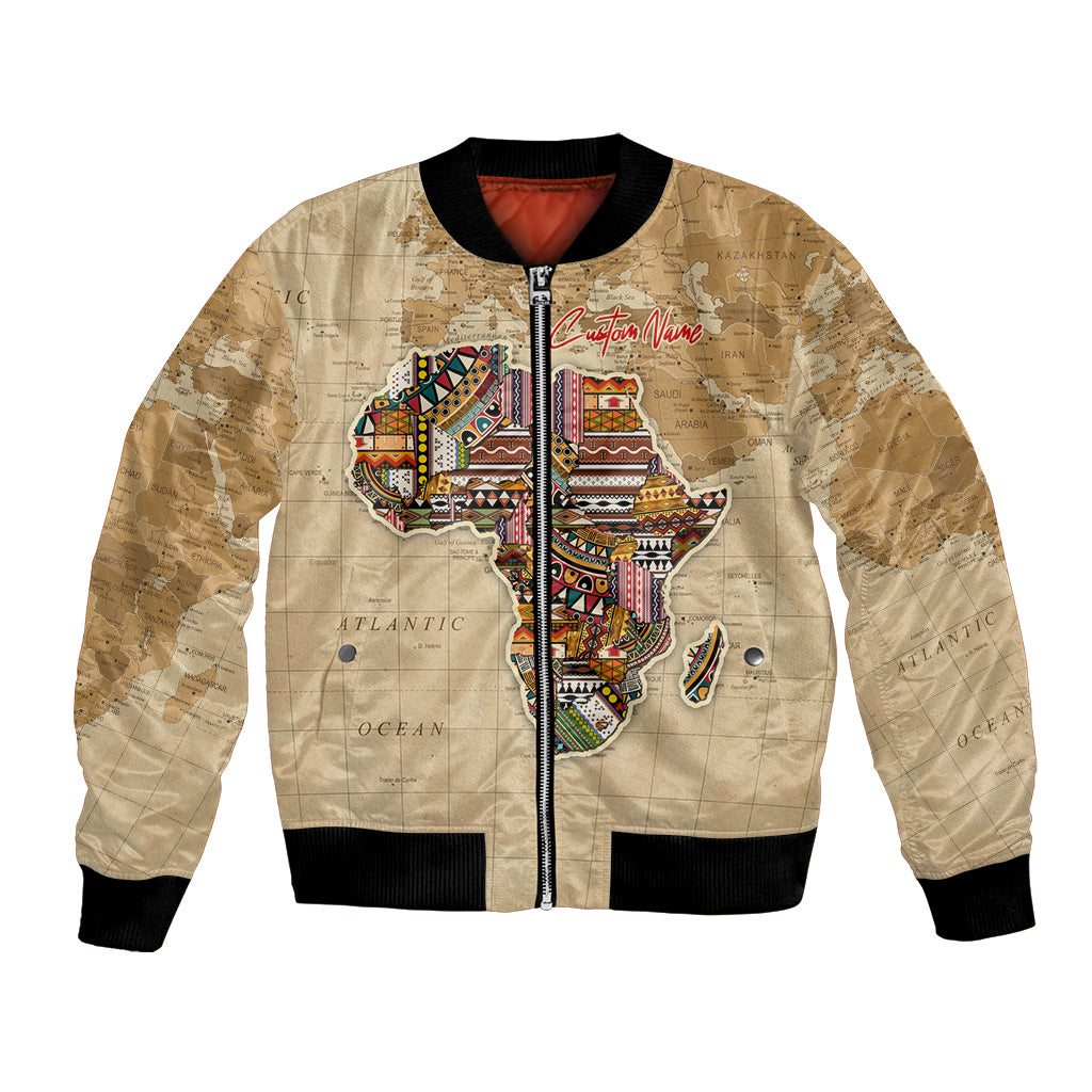 Unisex beige bomber jacket with embroidered Africa map and black ribbed collar/cuffs