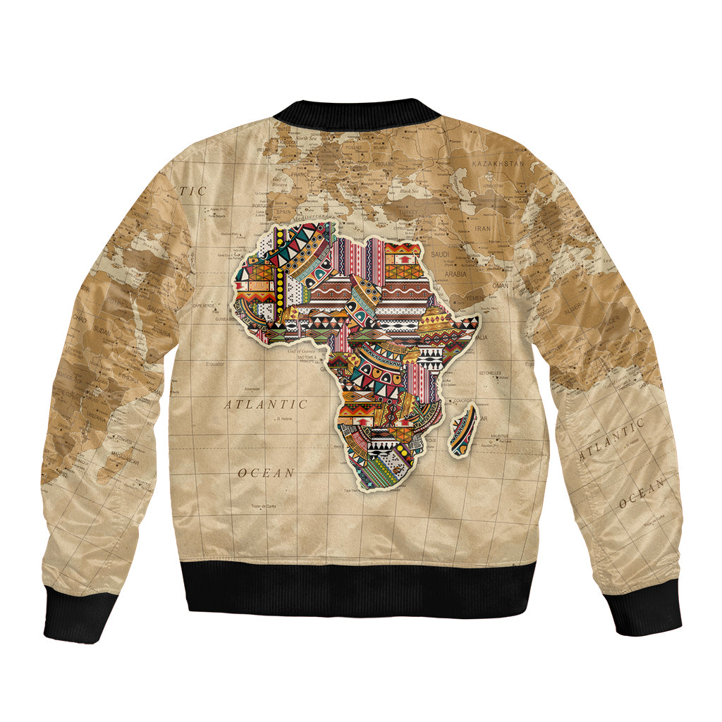 Unisex beige bomber jacket with embroidered Africa map on back and black ribbed hem