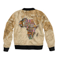 Unisex beige bomber jacket with embroidered Africa map on back and black ribbed hem