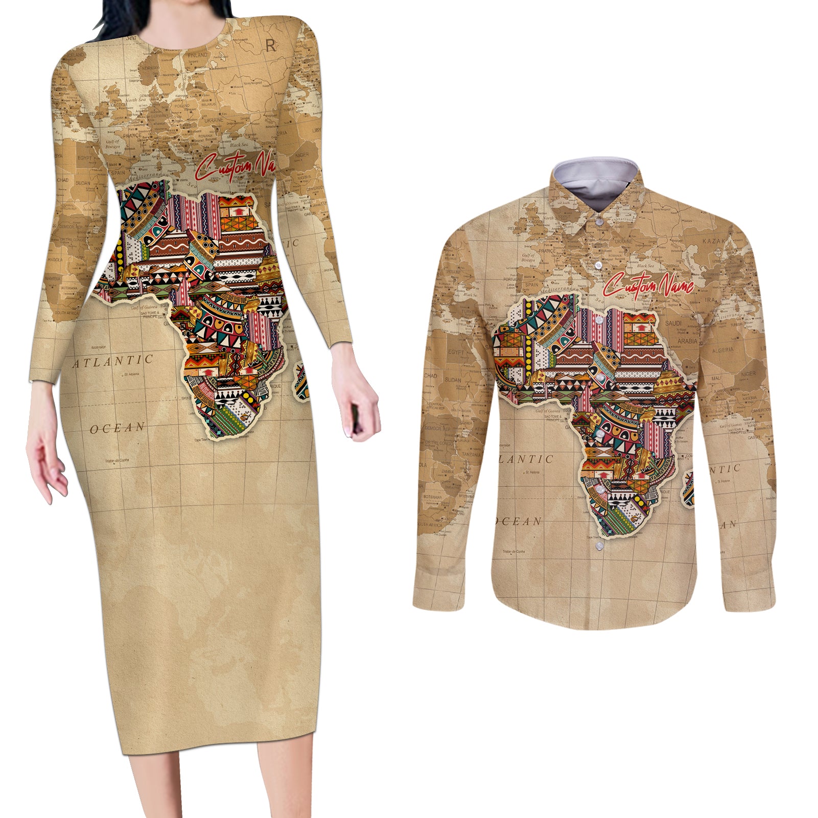 Personalized Africa On World Map Couples Matching Long Sleeve Bodycon Dress and Long Sleeve Button Shirt - Wonder Print Shop