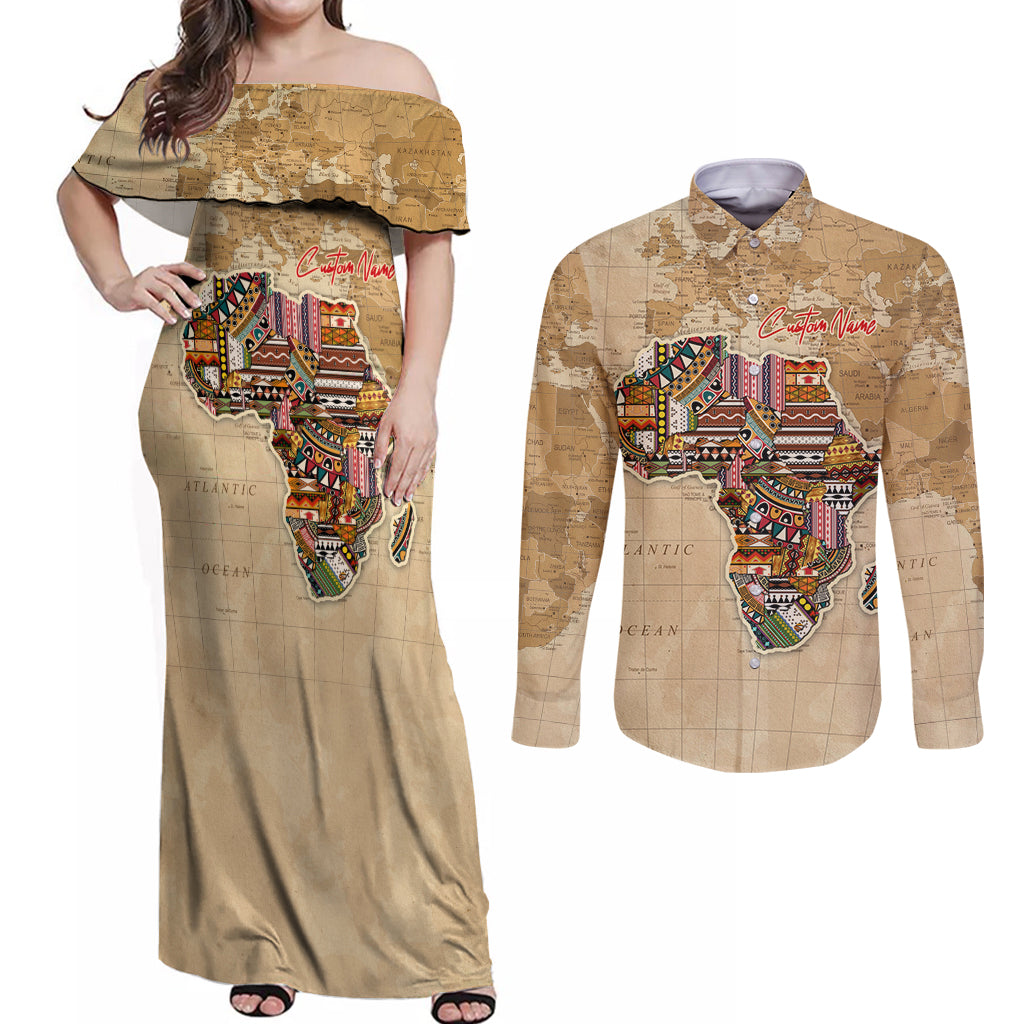 Personalized Africa On World Map Couples Matching Off Shoulder Maxi Dress and Long Sleeve Button Shirt - Wonder Print Shop