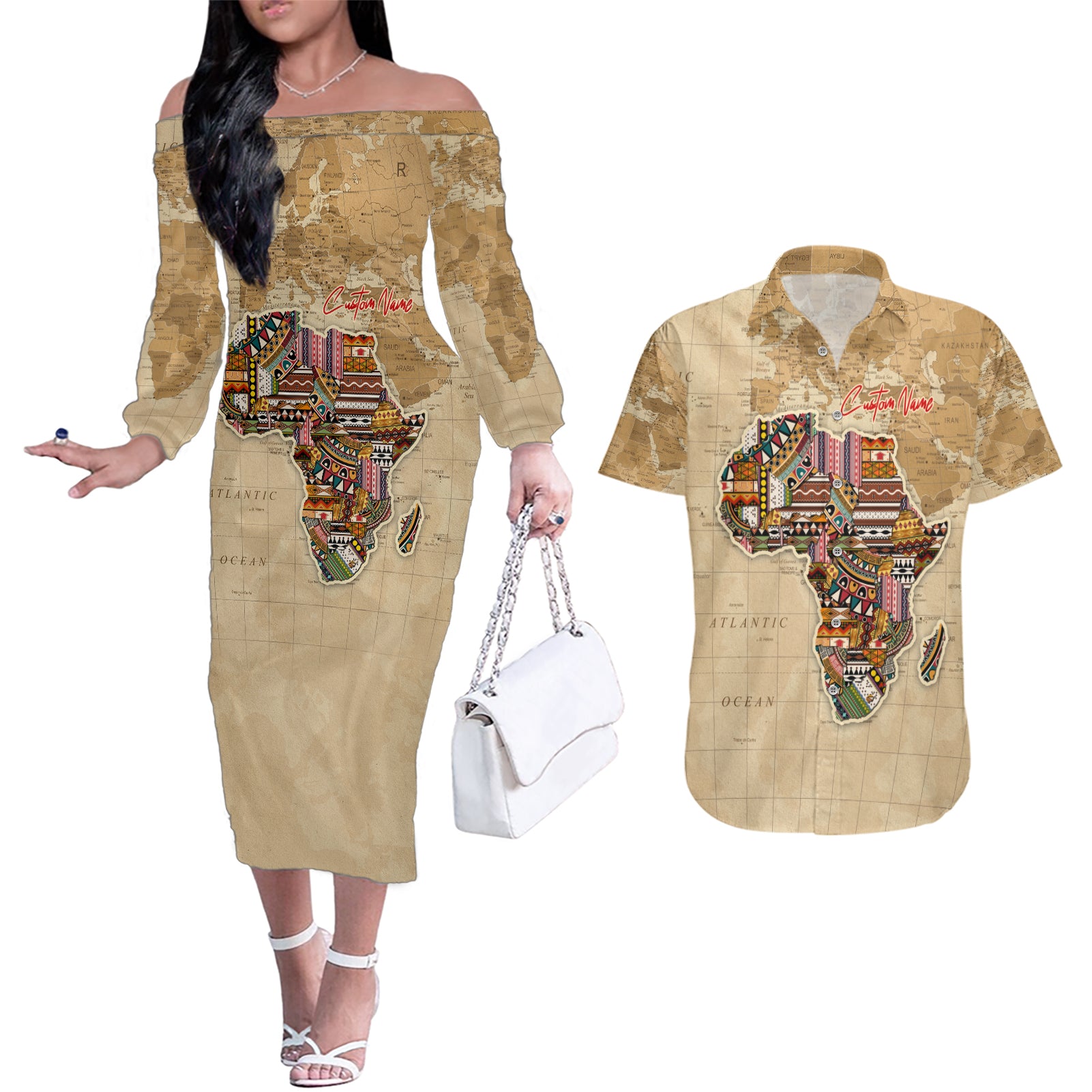 Personalized Africa On World Map Couples Matching Off The Shoulder Long Sleeve Dress and Hawaiian Shirt - Wonder Print Shop