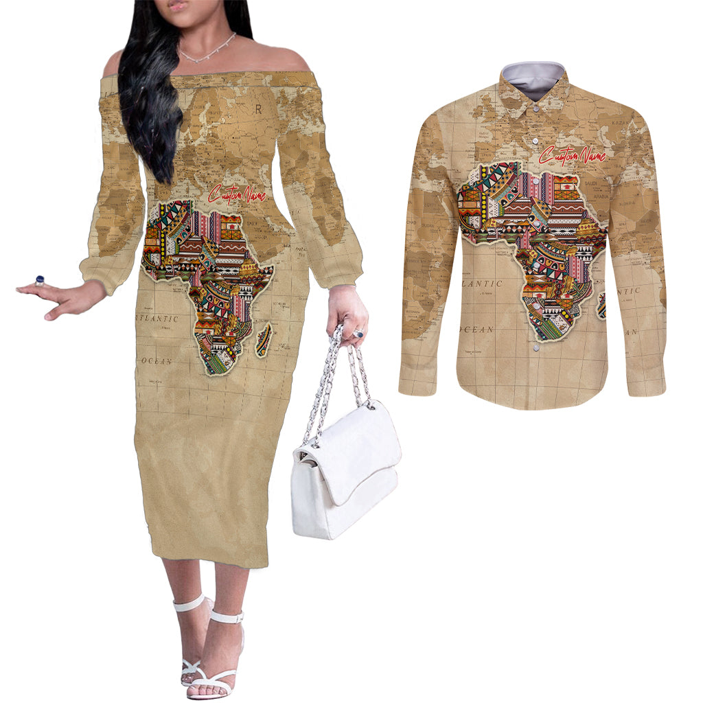 Personalized Africa On World Map Couples Matching Off The Shoulder Long Sleeve Dress and Long Sleeve Button Shirt