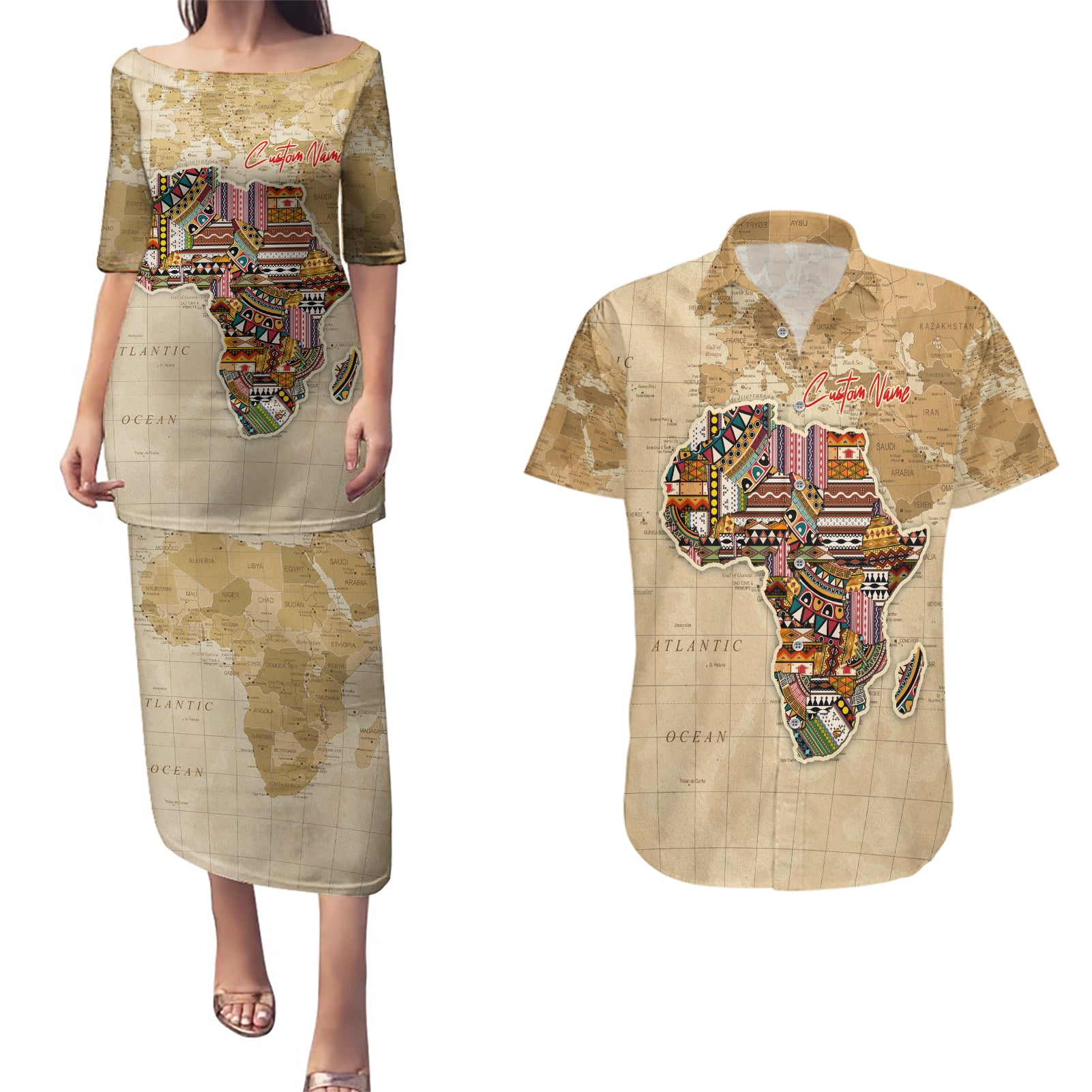 Personalized Africa On World Map Couples Matching Puletasi and Hawaiian Shirt - Wonder Print Shop