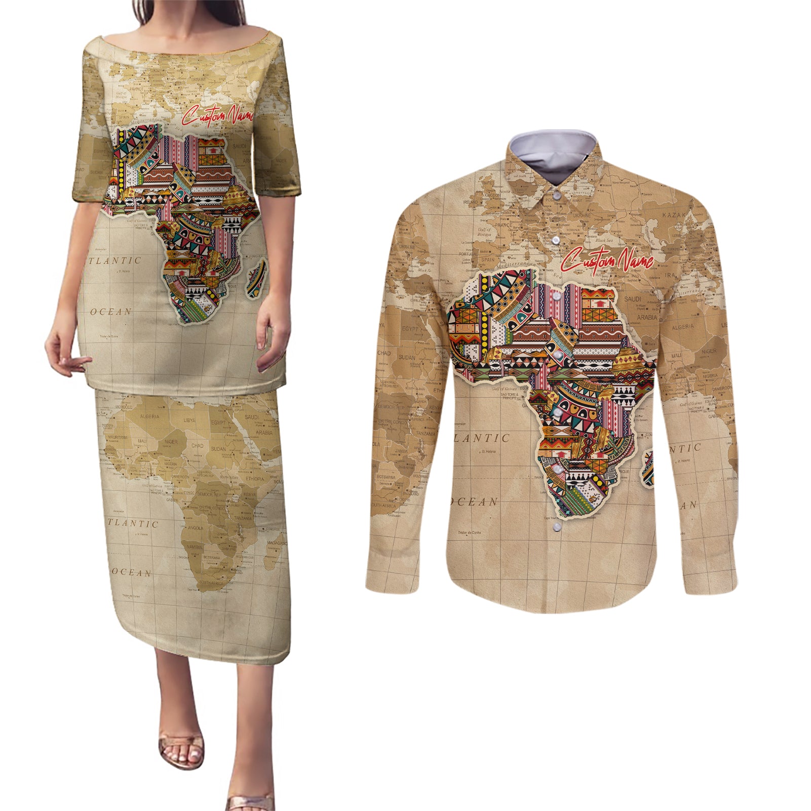 Personalized Africa On World Map Couples Matching Puletasi and Long Sleeve Button Shirt - Wonder Print Shop